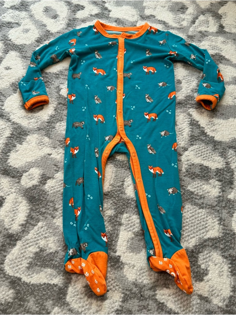 3-6 Month Bubble Baby Critters Fox Raccoon Blue Orange Bamboo Button Up Footie